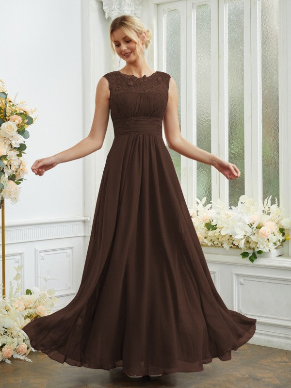 A-Line/Princess Chiffon Lace Scoop Sleeveless Floor-Length Bridesmaid Dresses Evening Dress