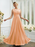 A-Line/Princess Chiffon Lace Scoop Sleeveless Floor-Length Bridesmaid Dresses Evening Dress