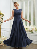 A-Line/Princess Chiffon Lace Scoop Sleeveless Floor-Length Bridesmaid Dresses Evening Dress