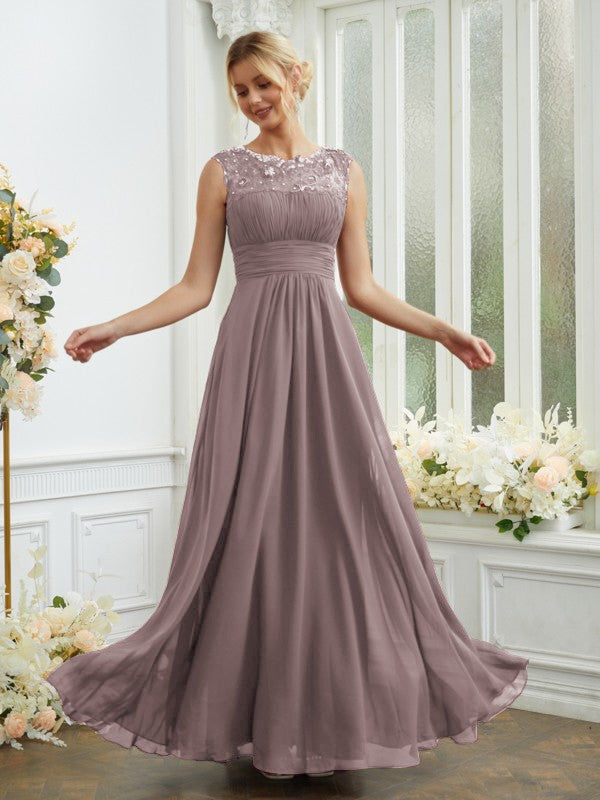 A-Line/Princess Chiffon Lace Scoop Sleeveless Floor-Length Bridesmaid Dresses Evening Dress