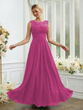 A-Line/Princess Chiffon Lace Scoop Sleeveless Floor-Length Bridesmaid Dresses Evening Dress