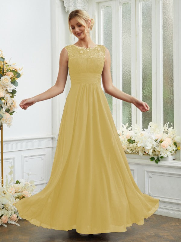 A-Line/Princess Chiffon Lace Scoop Sleeveless Floor-Length Bridesmaid Dresses Evening Dress