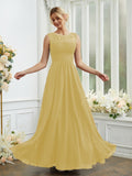 A-Line/Princess Chiffon Lace Scoop Sleeveless Floor-Length Bridesmaid Dresses Evening Dress
