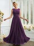 A-Line/Princess Chiffon Lace Scoop Sleeveless Floor-Length Bridesmaid Dresses Evening Dress