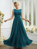 A-Line/Princess Chiffon Lace Scoop Sleeveless Floor-Length Bridesmaid Dresses Evening Dress