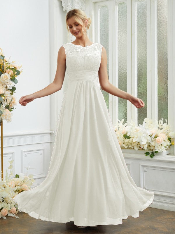 A-Line/Princess Chiffon Lace Scoop Sleeveless Floor-Length Bridesmaid Dresses Evening Dress