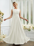 A-Line/Princess Chiffon Lace Scoop Sleeveless Floor-Length Bridesmaid Dresses Evening Dress