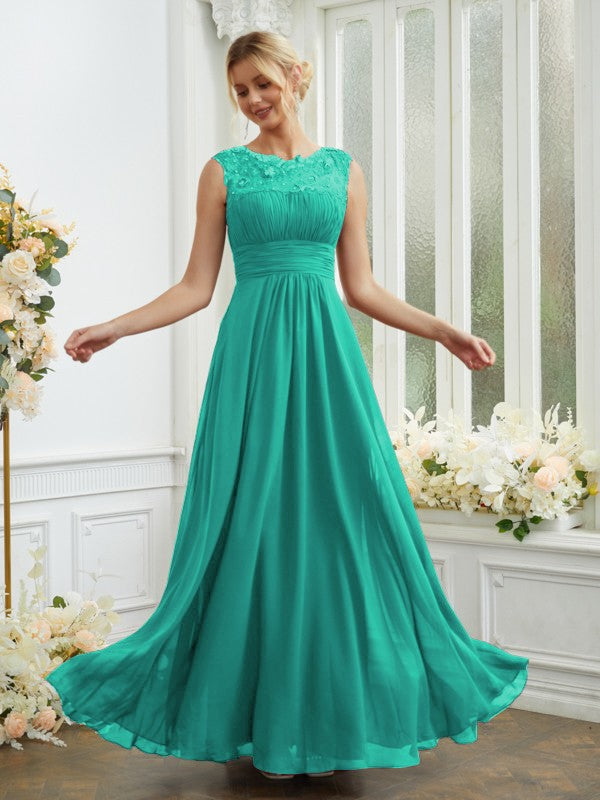 A-Line/Princess Chiffon Lace Scoop Sleeveless Floor-Length Bridesmaid Dresses Evening Dress