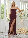 Vestidos de dama de honor de corte tubo/columna, de satén tipo seda, fruncidos, con tirantes finos, sin mangas y hasta el suelo