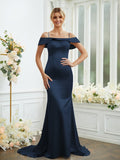 Vestidos de dama de honor con corte tubo/columna, satén tipo seda, tirantes finos, sin mangas, cola larga