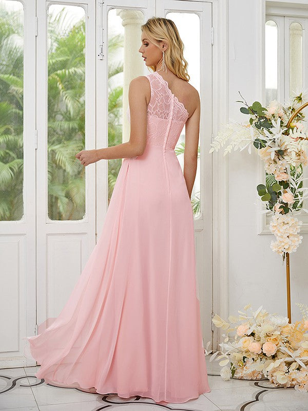 Vestidos de dama de honor de corte A/princesa, de gasa, con encaje, un hombro, sin mangas y hasta el suelo