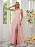 Vestidos de dama de honor de corte A/princesa, de gasa, con encaje, un hombro, sin mangas y hasta el suelo