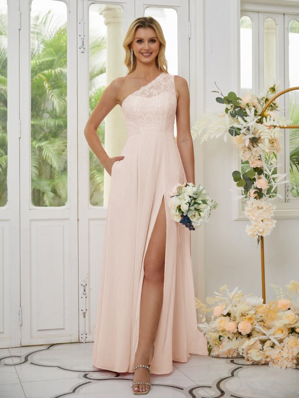 Vestidos de dama de honor de corte A/princesa, de gasa, con encaje, un hombro, sin mangas y hasta el suelo