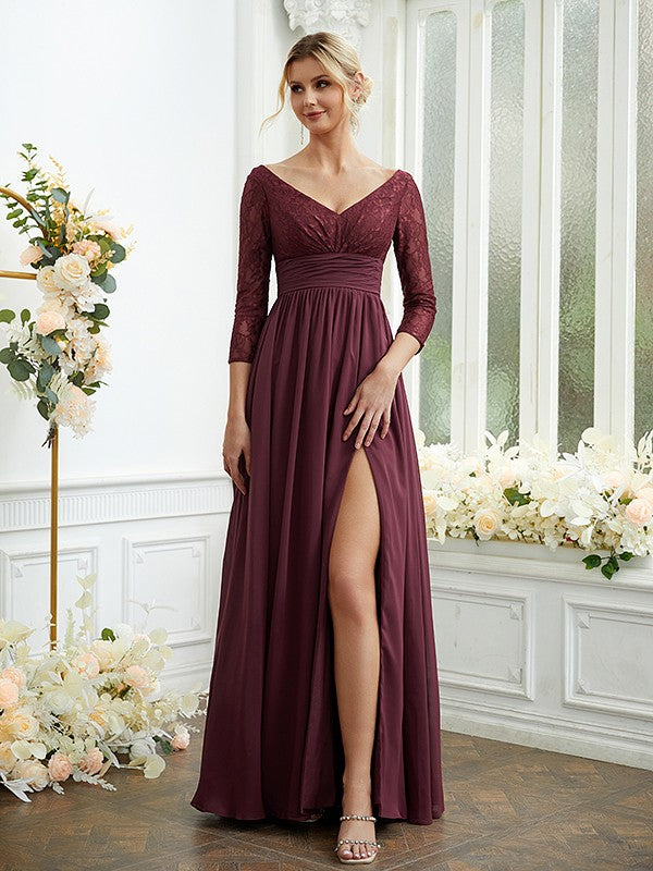 Vestidos de dama de honor de corte A/princesa, de gasa, con encaje, escote en V, mangas largas y largo hasta el suelo