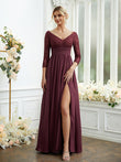Vestidos de dama de honor de corte A/princesa, de gasa, con encaje, escote en V, mangas largas y largo hasta el suelo