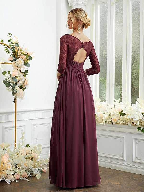 Vestidos de dama de honor de corte A/princesa, de gasa, con encaje, escote en V, mangas largas y largo hasta el suelo