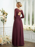 Vestidos de dama de honor de corte A/princesa, de gasa, con encaje, escote en V, mangas largas y largo hasta el suelo
