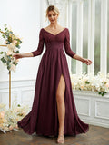 Vestidos de dama de honor de corte A/princesa, de gasa, con encaje, escote en V, mangas largas y largo hasta el suelo