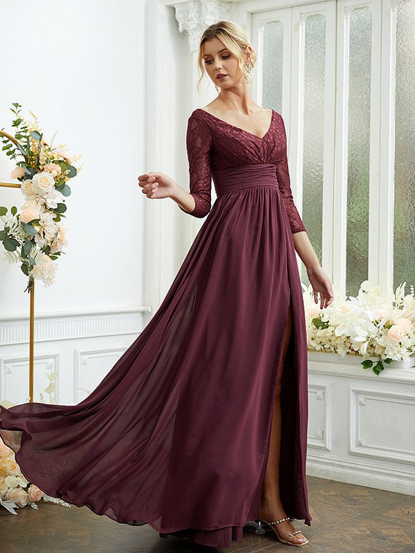 Vestidos de dama de honor de corte A/princesa, de gasa, con encaje, escote en V, mangas largas y largo hasta el suelo