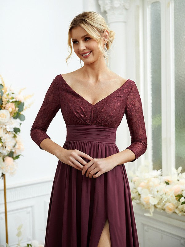 Vestidos de dama de honor de corte A/princesa, de gasa, con encaje, escote en V, mangas largas y largo hasta el suelo