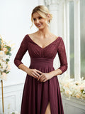 Vestidos de dama de honor de corte A/princesa, de gasa, con encaje, escote en V, mangas largas y largo hasta el suelo