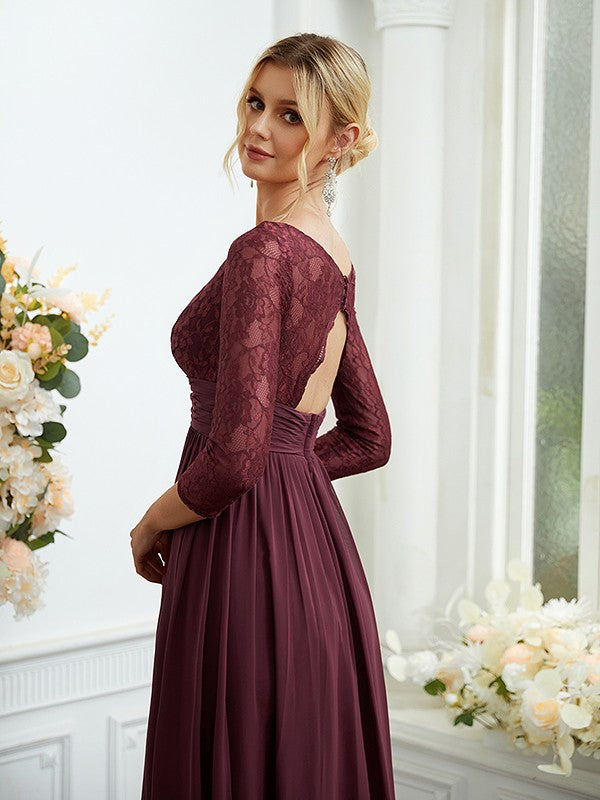 Vestidos de dama de honor de corte A/princesa, de gasa, con encaje, escote en V, mangas largas y largo hasta el suelo