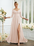 Vestidos de dama de honor de corte A/princesa, de gasa, con encaje, escote en V, mangas largas y largo hasta el suelo