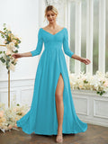 Vestidos de dama de honor de corte A/princesa, de gasa, con encaje, escote en V, mangas largas y largo hasta el suelo