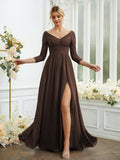 Vestidos de dama de honor de corte A/princesa, de gasa, con encaje, escote en V, mangas largas y largo hasta el suelo