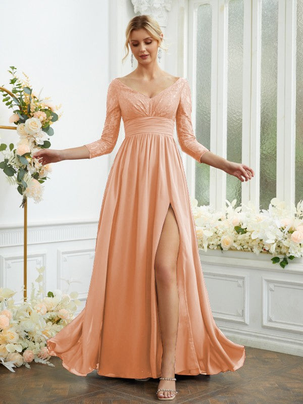 Vestidos de dama de honor de corte A/princesa, de gasa, con encaje, escote en V, mangas largas y largo hasta el suelo