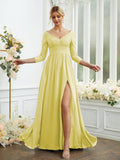 Vestidos de dama de honor de corte A/princesa, de gasa, con encaje, escote en V, mangas largas y largo hasta el suelo