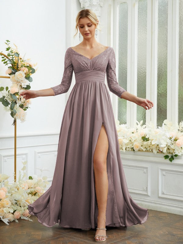 Vestidos de dama de honor de corte A/princesa, de gasa, con encaje, escote en V, mangas largas y largo hasta el suelo