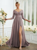 Vestidos de dama de honor de corte A/princesa, de gasa, con encaje, escote en V, mangas largas y largo hasta el suelo