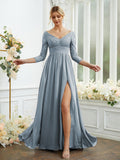 Vestidos de dama de honor de corte A/princesa, de gasa, con encaje, escote en V, mangas largas y largo hasta el suelo