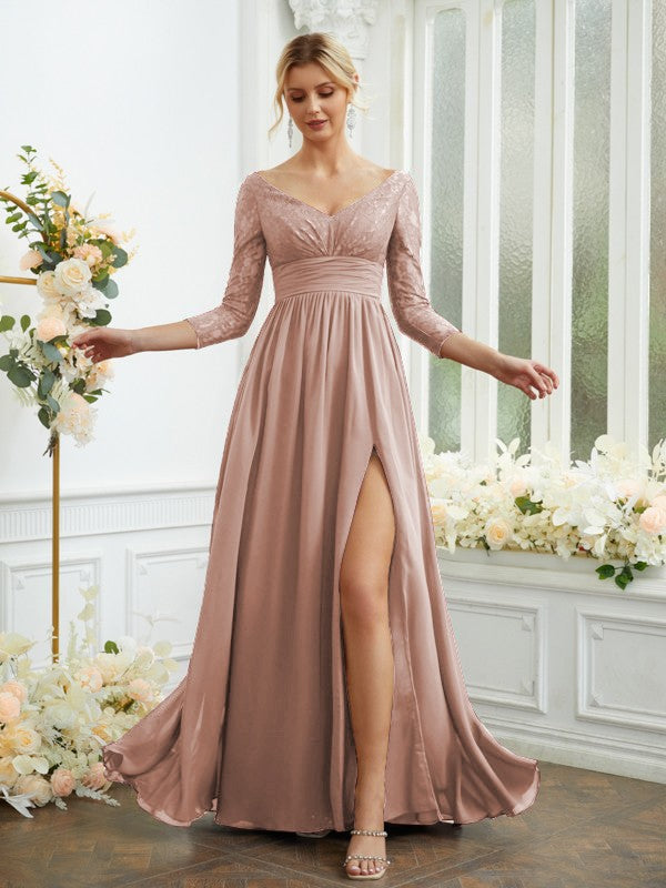 Vestidos de dama de honor de corte A/princesa, de gasa, con encaje, escote en V, mangas largas y largo hasta el suelo