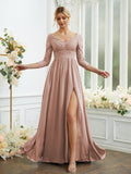 Vestidos de dama de honor de corte A/princesa, de gasa, con encaje, escote en V, mangas largas y largo hasta el suelo