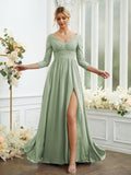 Vestidos de dama de honor de corte A/princesa, de gasa, con encaje, escote en V, mangas largas y largo hasta el suelo