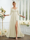 Vestidos de dama de honor de corte A/princesa, de gasa, con encaje, escote en V, mangas largas y largo hasta el suelo