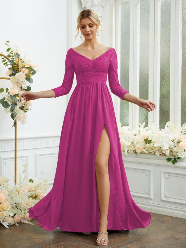 Vestidos de dama de honor de corte A/princesa, de gasa, con encaje, escote en V, mangas largas y largo hasta el suelo