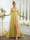 Vestidos de dama de honor de corte A/princesa, de gasa, con encaje, escote en V, mangas largas y largo hasta el suelo