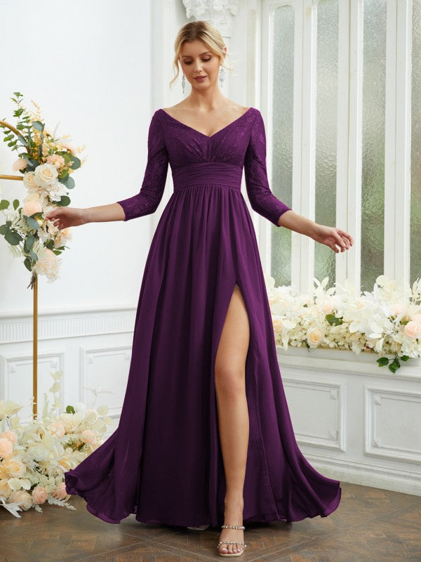 Vestidos de dama de honor de corte A/princesa, de gasa, con encaje, escote en V, mangas largas y largo hasta el suelo