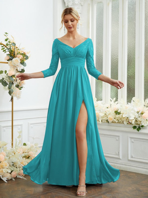 Vestidos de dama de honor de corte A/princesa, de gasa, con encaje, escote en V, mangas largas y largo hasta el suelo