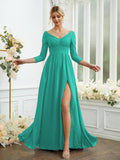 Vestidos de dama de honor de corte A/princesa, de gasa, con encaje, escote en V, mangas largas y largo hasta el suelo