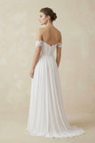 Beach Chiffon A line Floor Length Off-Shoulder Bridal Gown With Pleats