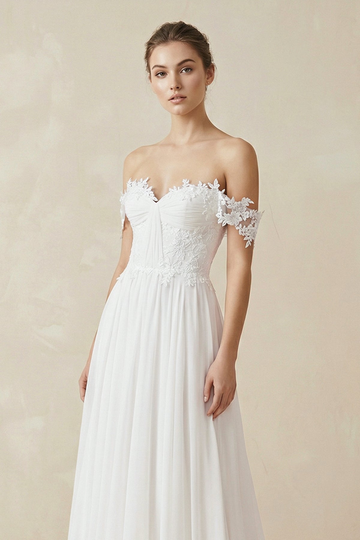 Beach Chiffon A line Floor Length Off-Shoulder Bridal Gown With Pleats