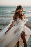 Beach Pleated Tulle Off-The-Shoulder A-Line Wedding Dresses With Slit