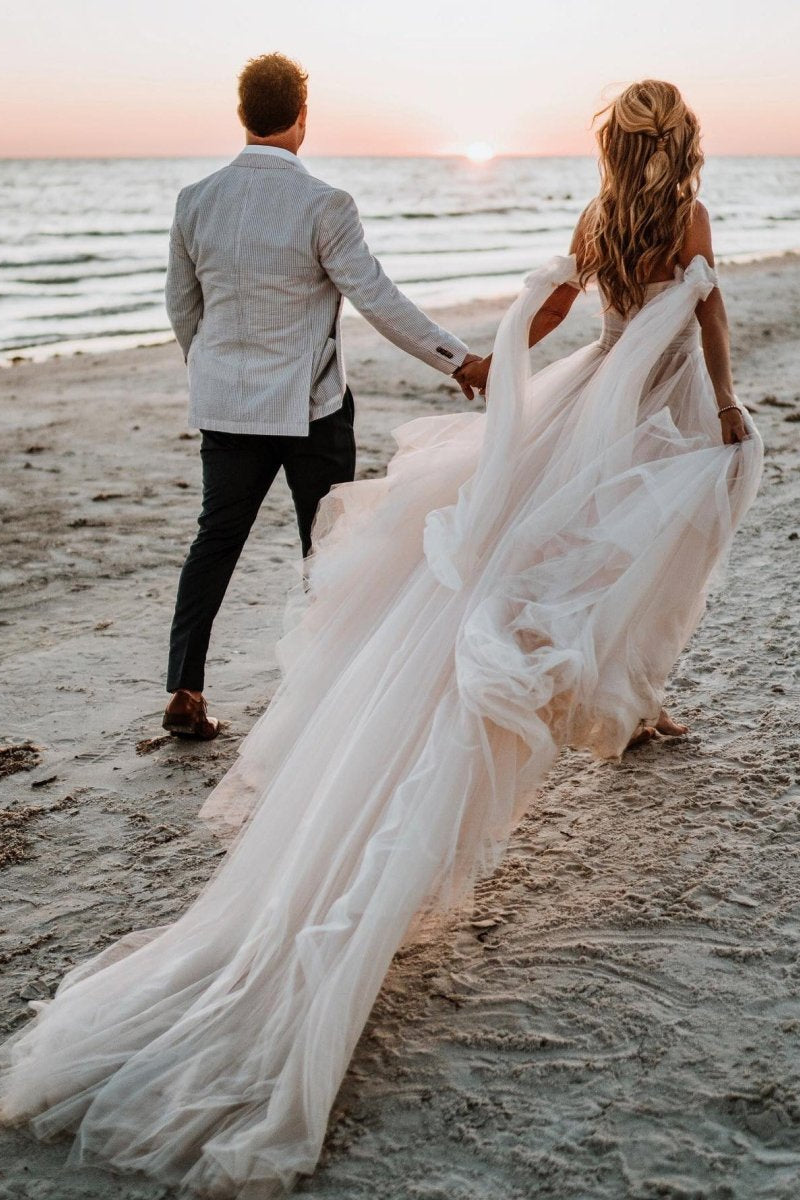 Beach Pleated Tulle Off-The-Shoulder A-Line Wedding Dresses With Slit