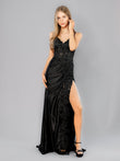 Sheath Spaghetti Straps Black Satin Long Prom Dresses with Lace Appliques