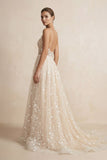Beautiful A Line Spaghetti Straps Light Champagne Wedding Dress
