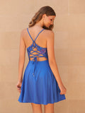 Royal Blue - A Line Satin V Neck Sequined Homecoming Dresses with Appliques